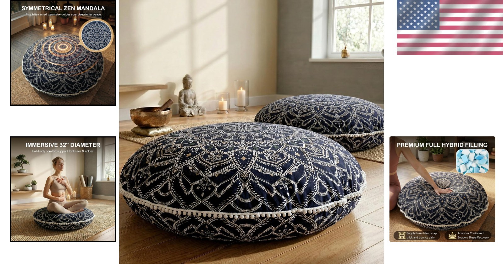 32&Prime; Large Meditation Floor Pillow Set – Black