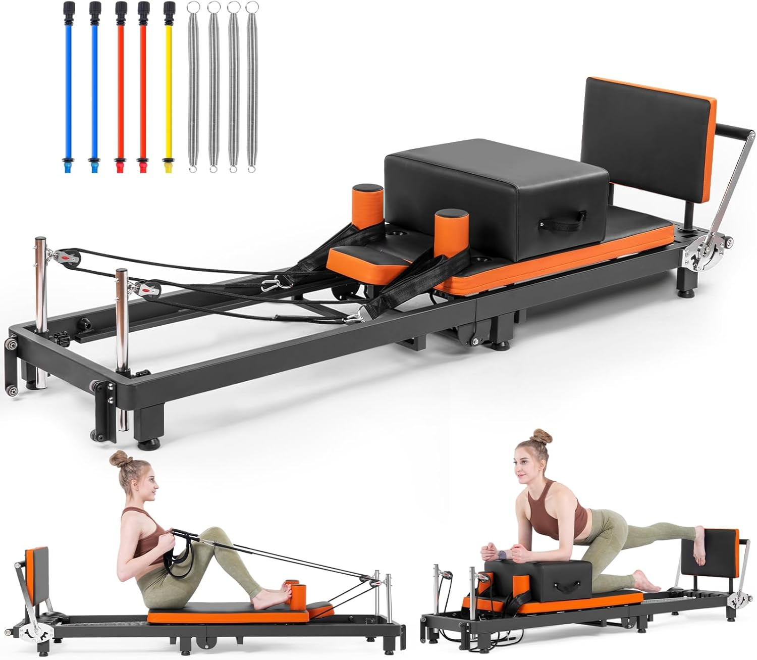 Pilates Reformer, Foldable Pilates Machine with Jump Board & Pilates Box (4 Spri