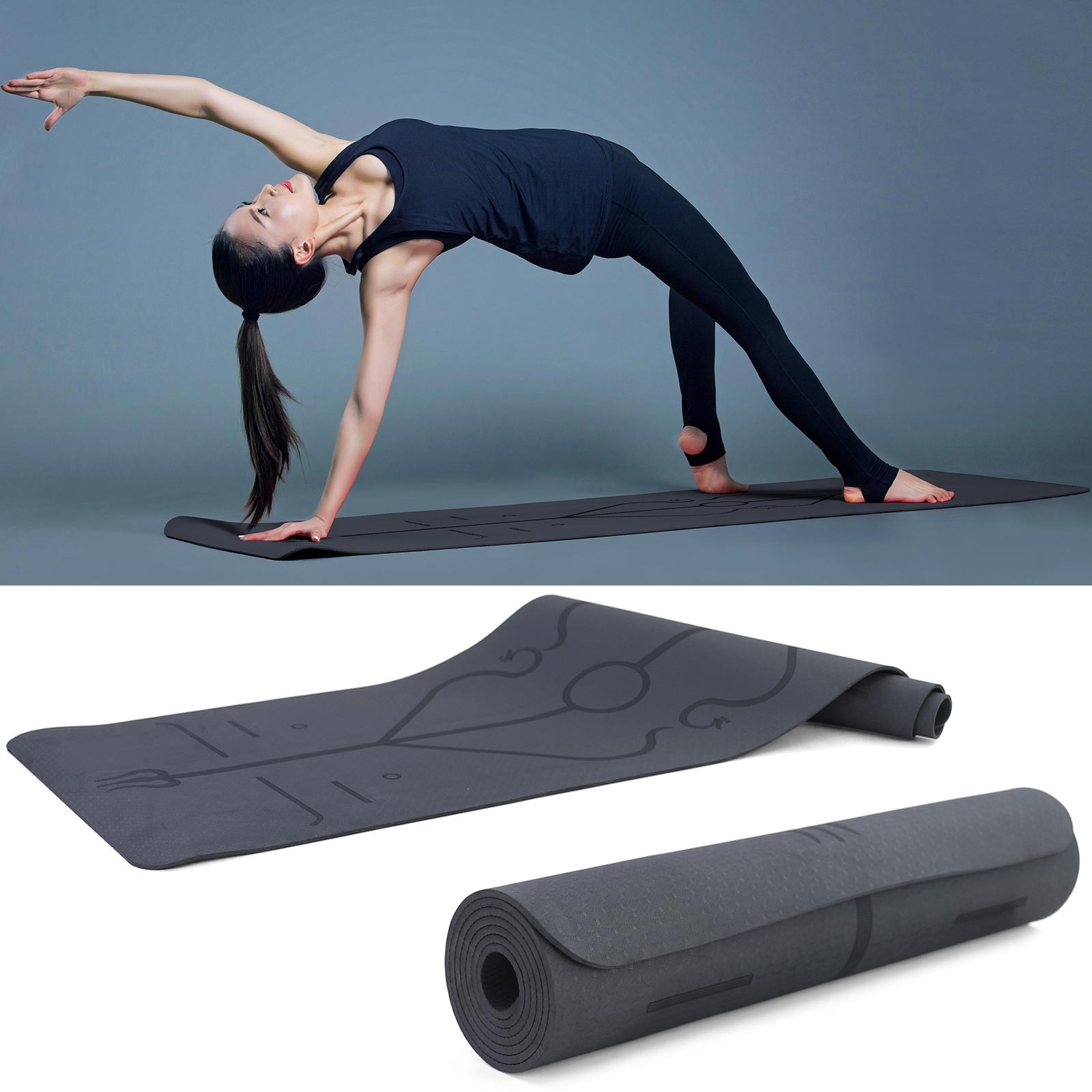 Premium yoga mat with symbols TPE black 182x61cm also for fitness Pilates