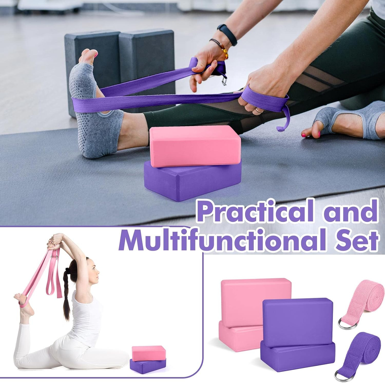 6 Pcs Yoga Block and Strap Set 4 Pcs 9 X 6 X 3 Inches EVA Foam Pilates Block 2 P