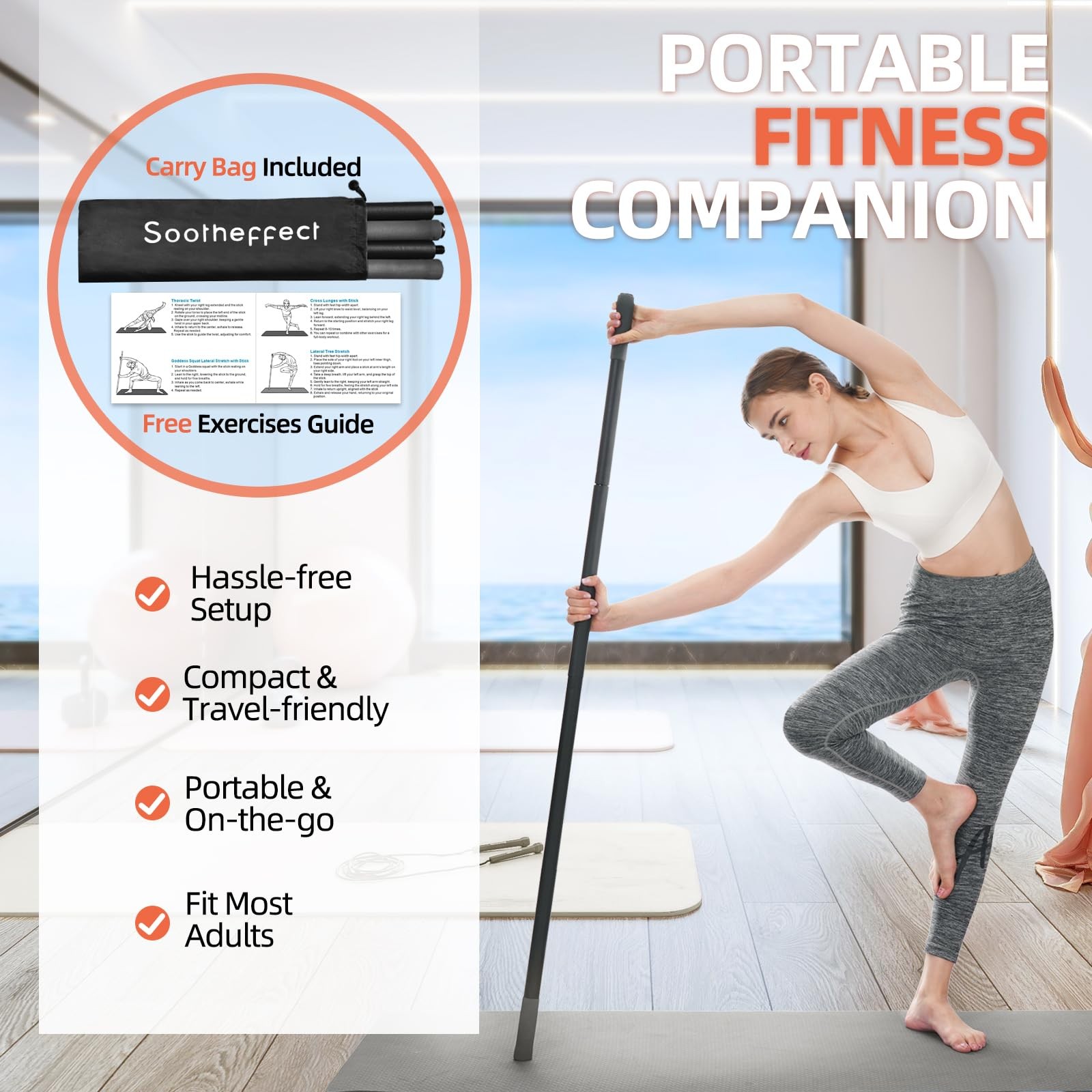 Adjustable Yoga Stick 30/45/60 in, Fully FoamSleeved Steel Stretching & Mobil…