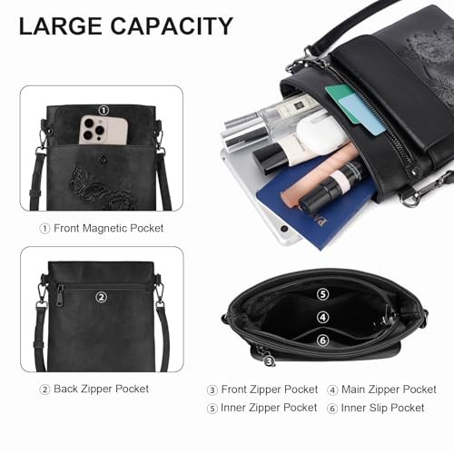 Small Crossbody Purse for Women, Vegan Leather Multi Pocket Bag with Black