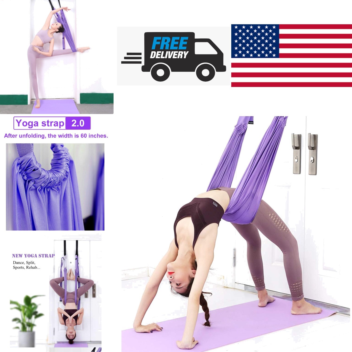 Waist Back Leg Stretch Strap for Yoga and Dance 67 Inch Purple Fabric Trainer