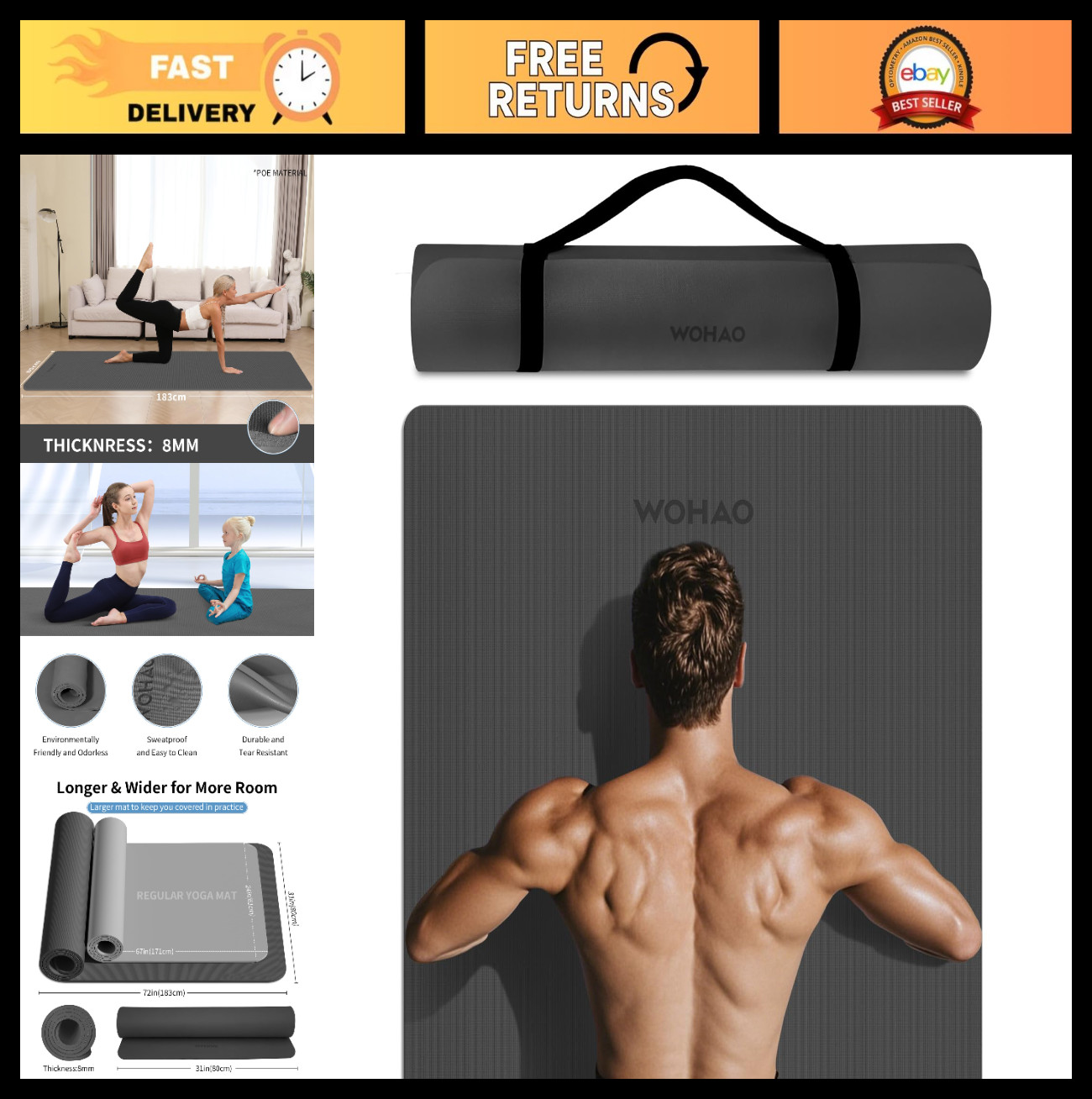 Extra Wide 8mm Non-Slip Yoga Mat 72&Prime;x31.5&Prime; Thick Exercise Mat with Strap for Hom