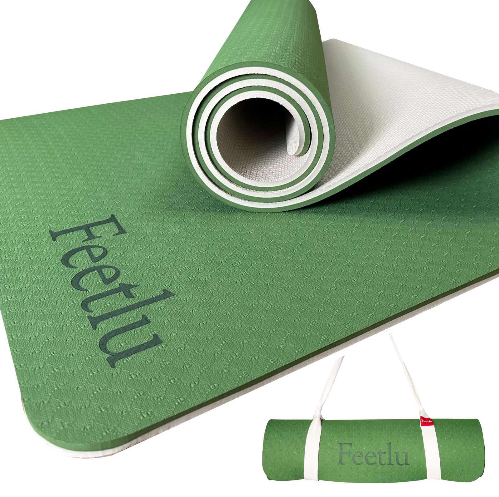 Feetlu Extra Thick Exercise Yoga Mat with 72&Prime; x 24&Prime; x 2/5&Prime;, Green & Cream